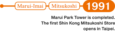 1991: Marui Park Tower is completed. The first Shin Kong Mitsukoshi Store opens in Taipei.