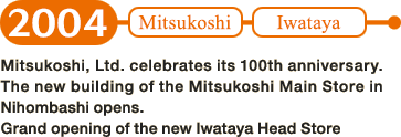 2004: Mitsukoshi, Ltd. celebrates its 100th anniversary. The new building of the Mitsukoshi Main Store in Nihombashi opens. Grand opening of the new Iwataya Head Store