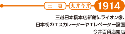 【1914】三越日本橋本店新館にライオン像、日本初のエスカレーターやエレベーター設置 今井百貨店開店