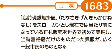 【1683】「店前現銀無掛値」（たなさきげんきんかけねなし）をスローガンとし現在では当たり前になっている正札販売を世界で初めて実現し、当時富裕層だけのものだった呉服が、広く一般市民のものとなる